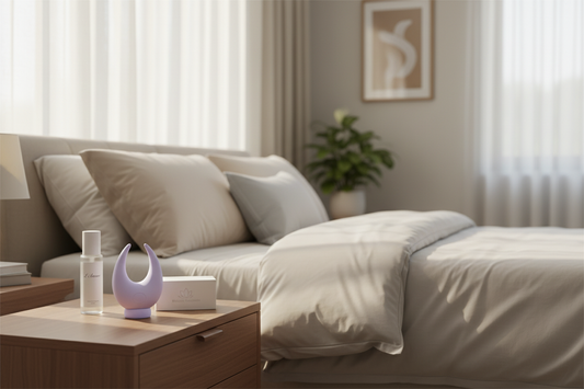 Modern bedroom with personal pleasure devices on a nightstand, encouraging intimacy and sexual wellness exploration
