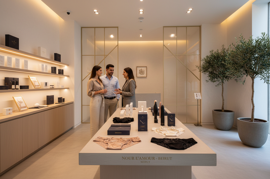 Modern sex shop Lebanon with couples exploring lingerie and wellness products in a stylish boutique setting