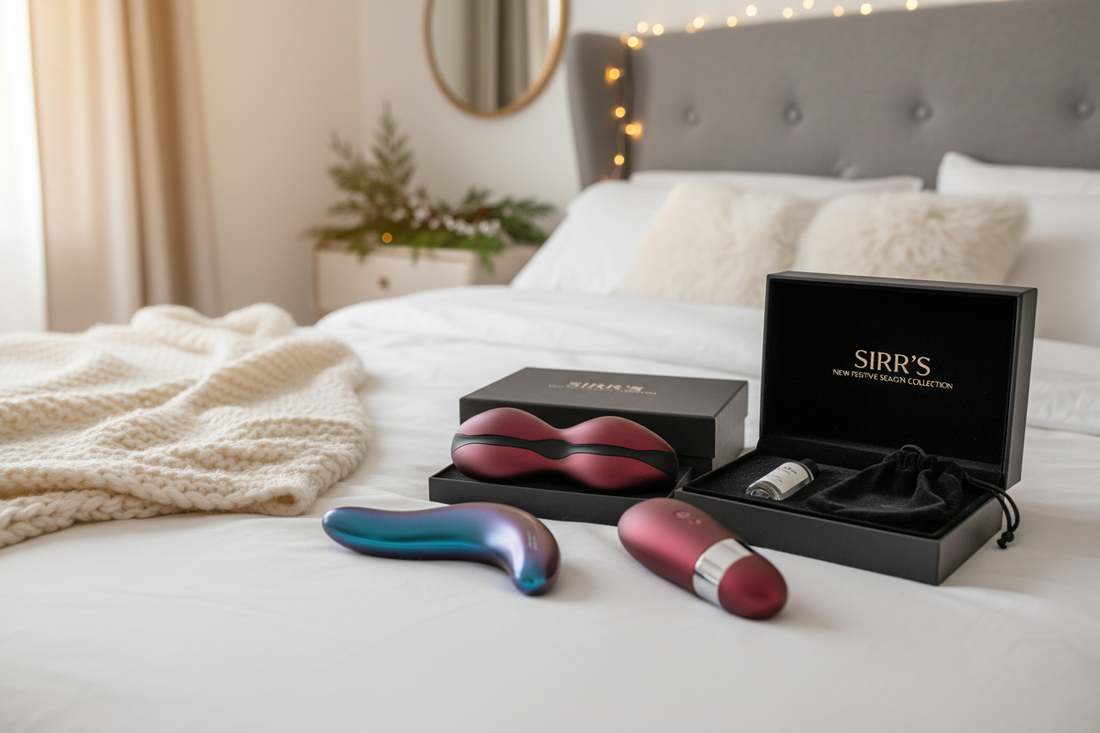 New sex toys collection arrival for the festive season displayed on a cozy bedroom bed
