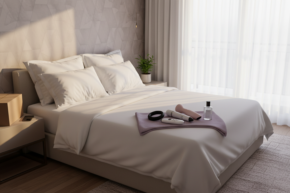 Modern bedroom scene featuring discreet sex toys Lebanon for couples and singles exploring pleasure