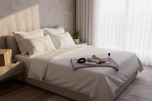 Modern bedroom scene featuring discreet sex toys Lebanon for couples and singles exploring pleasure
