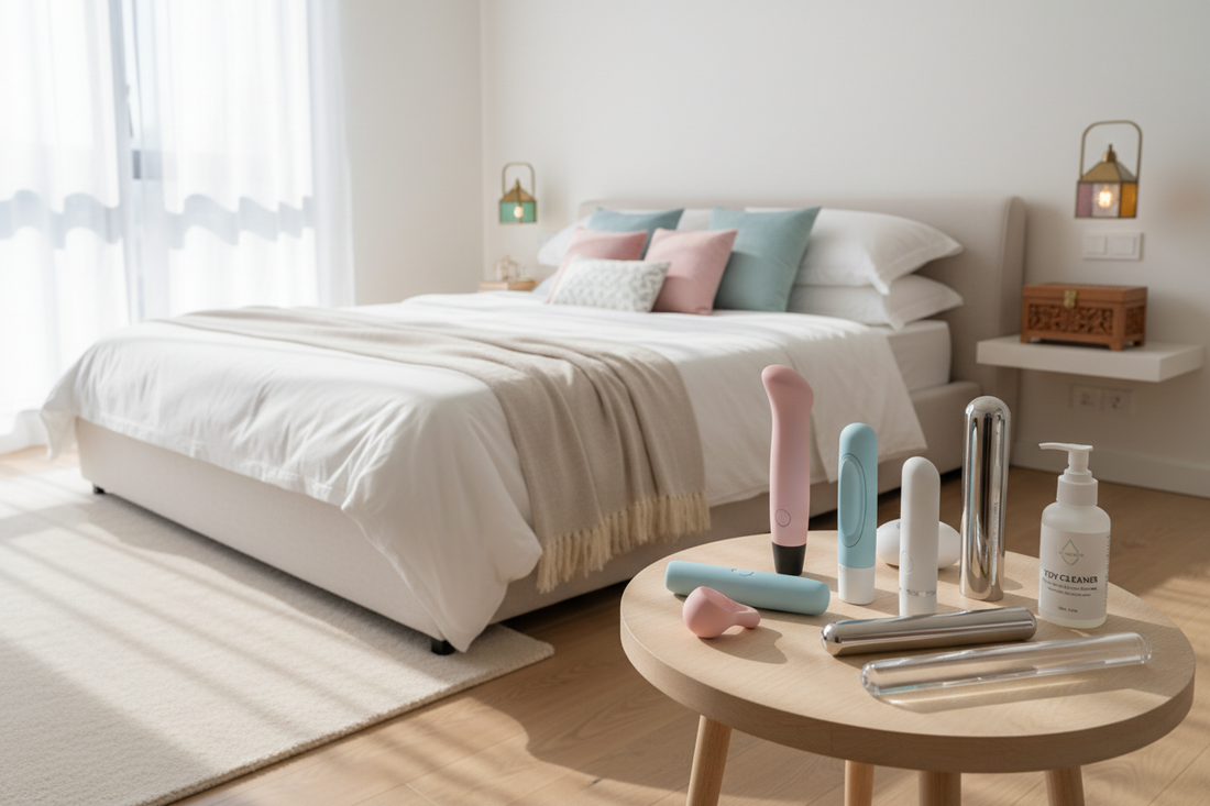 Modern bedroom with a variety of sex toys lebanon displayed on a table for adult pleasure and intimacy ideas