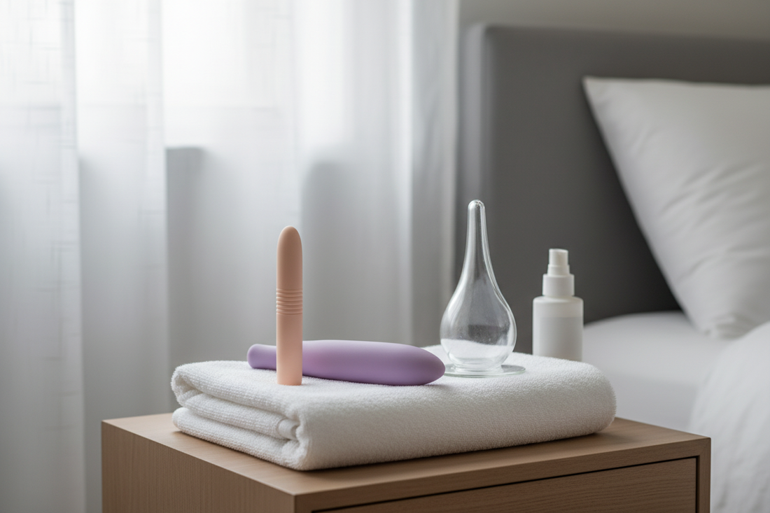 Modern sex toys including dildos and vibrators arranged on a towel for adult pleasure and sexual wellness
