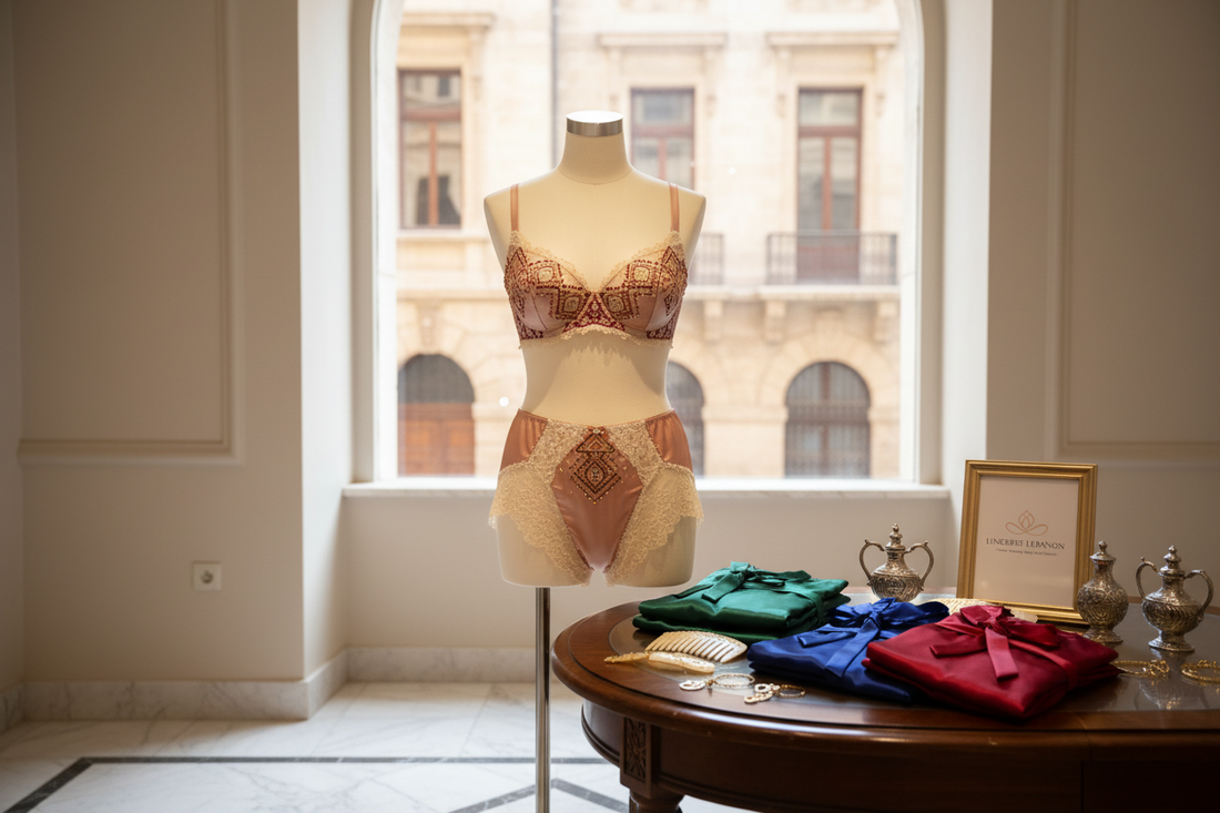 Chic lingerie Lebanon styles displayed on a mannequin with luxury sets, perfect for modern couples and singles