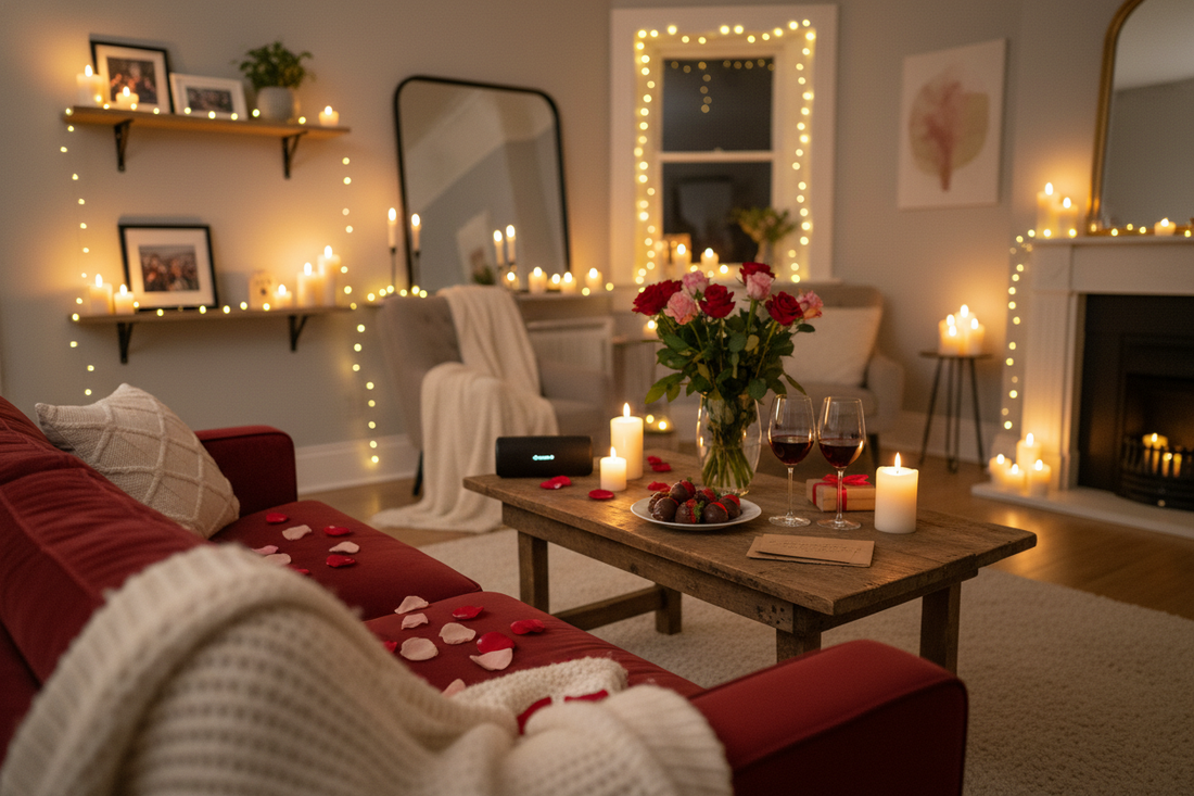 Romantic valentines day setup with candles, roses, wine, and chocolate strawberries for couples or singles
