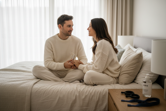 Couple discussing intimacy and ways to use sex toys while sex for enhanced connection and pleasure