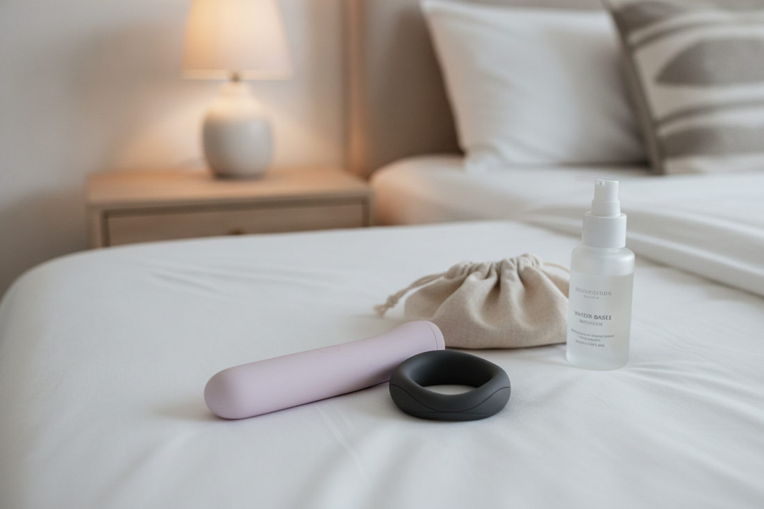 Modern bedroom setting featuring medical grade silicone toys and essentials for safe, enjoyable intimacy