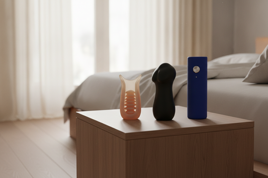 Modern realistic male masturbators displayed on a bedside table for enhanced solo or couples pleasure experiences