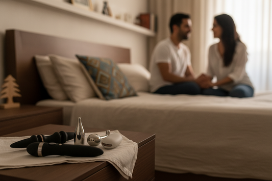 Modern sex toys Lebanon selection on bedside table, couple connecting in cozy bedroom for intimate inspiration