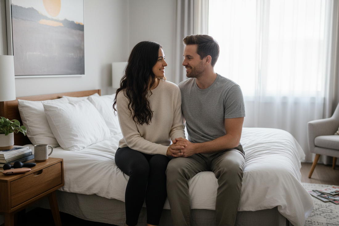 Couple sitting on bed smiling, exploring sex toys together to enhance intimacy and connection