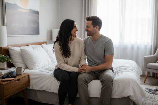 Couple sitting on bed smiling, exploring sex toys together to enhance intimacy and connection