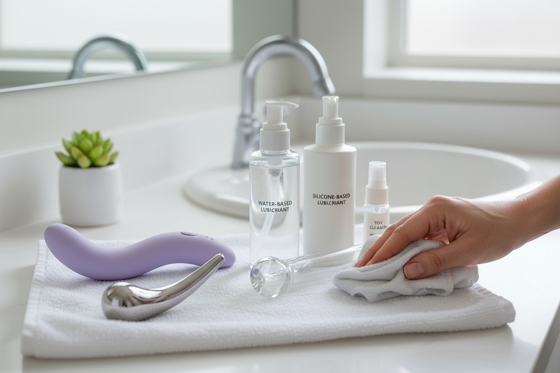 Lubes and sex toys for wellness shown with cleaning essentials on a bathroom counter for safe intimate care