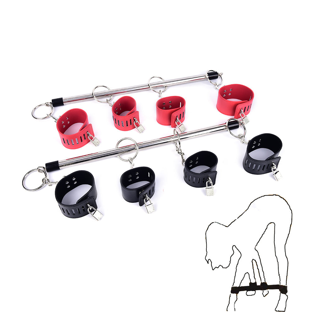 Sirrshop Spreader Bar, 4 Cuffs, Vegan Leather and Metal, with Locks, Red Sirr