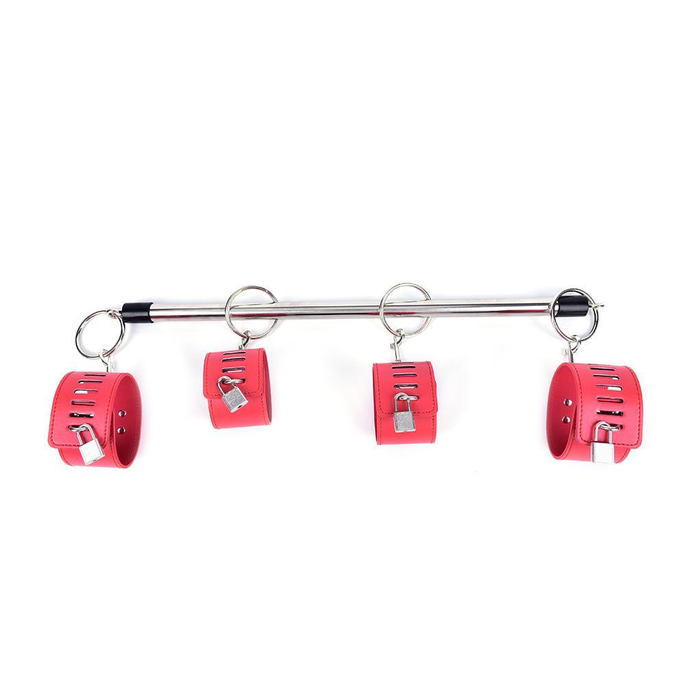 Sirrshop Spreader Bar, 4 Cuffs, Vegan Leather and Metal, with Locks, Red Sirr
