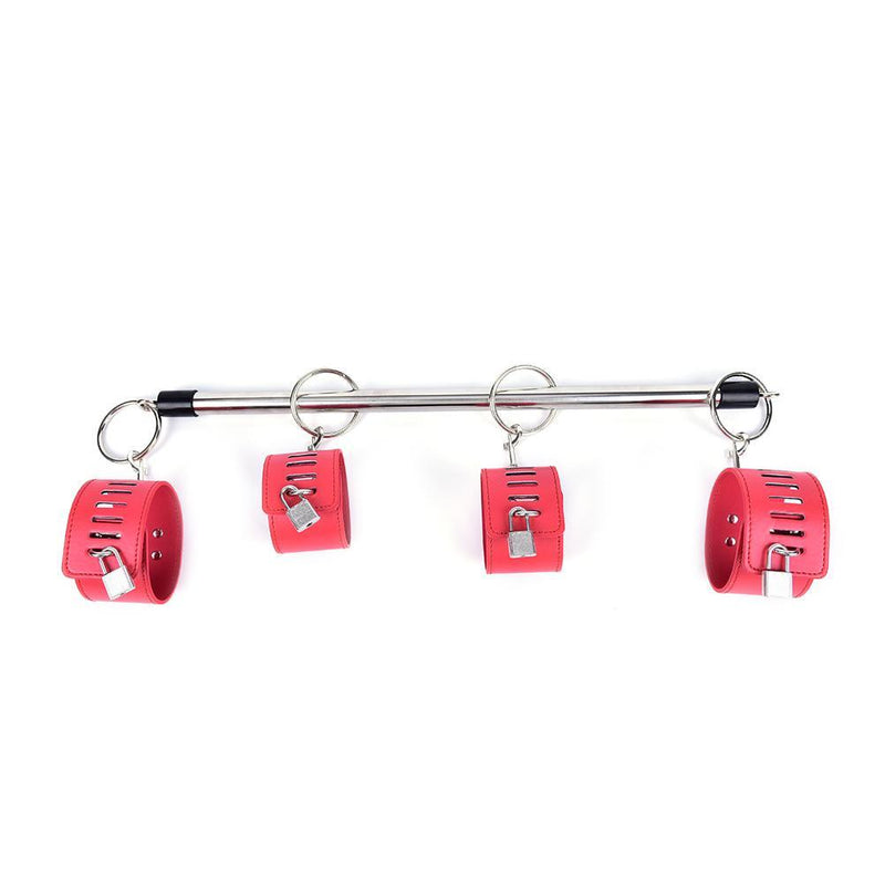 Sirrshop Spreader Bar, 4 Cuffs, Vegan Leather and Metal, with Locks, Red Sirr