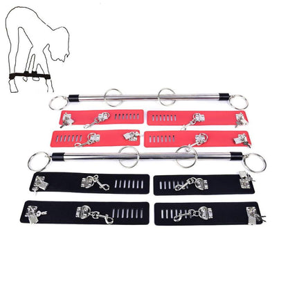 Sirrshop Spreader Bar, 4 Cuffs, Vegan Leather and Metal, with Locks, Red Sirr