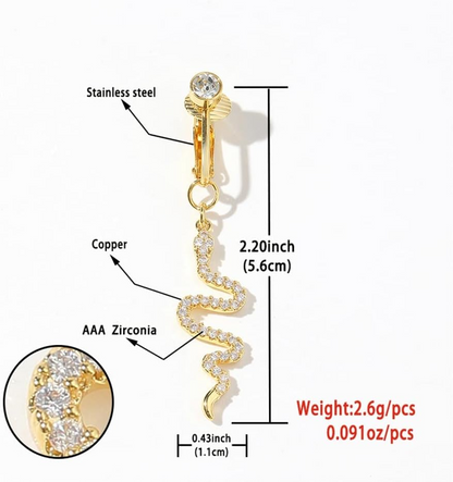 Clip On Fake Belly Piercing-Rhinestone and Zircon Snake Premium Design