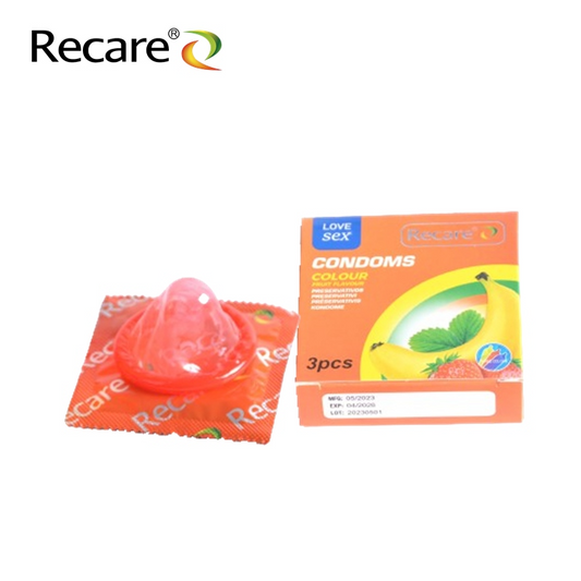 Recare condoms packaging with a box and a single condom on a white background
