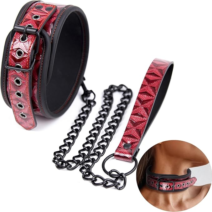 Sonia Red Leather Bondage Collar with Chains