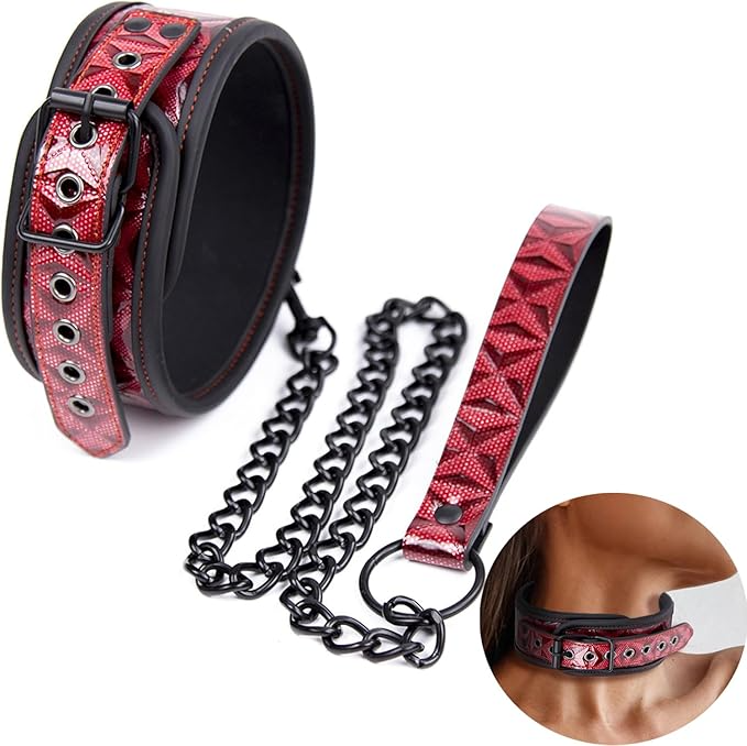 Sonia Red Leather Bondage Collar with Chains Sirr