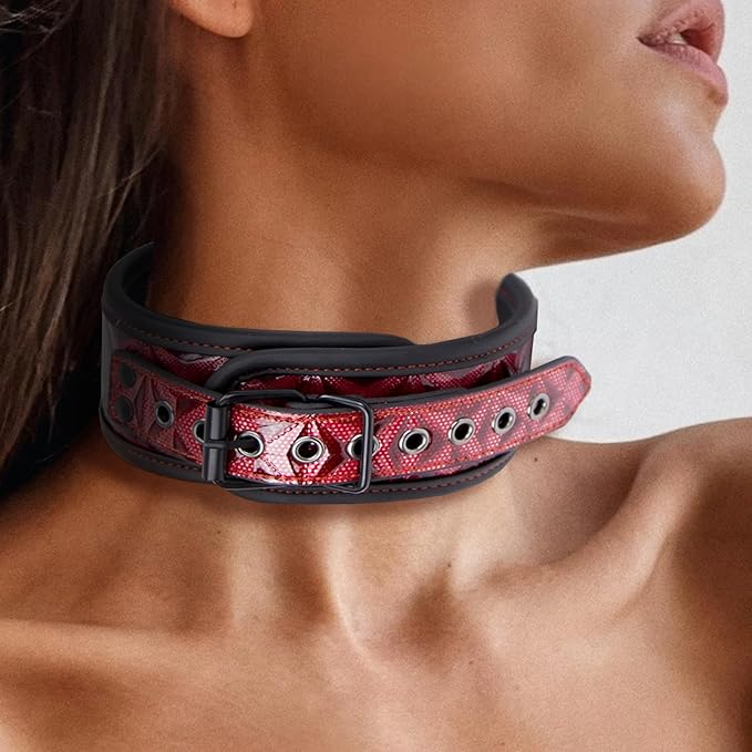 Sonia Red Leather Bondage Collar with Chains