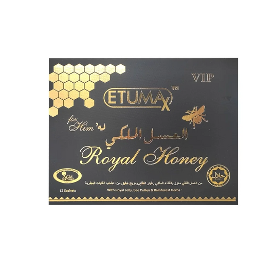 Original Etumax VIP, Malaysian Royal Honey, with Royal Jelly, Maca, Ginseng and Larva Powder, 12 Sachets Sirr