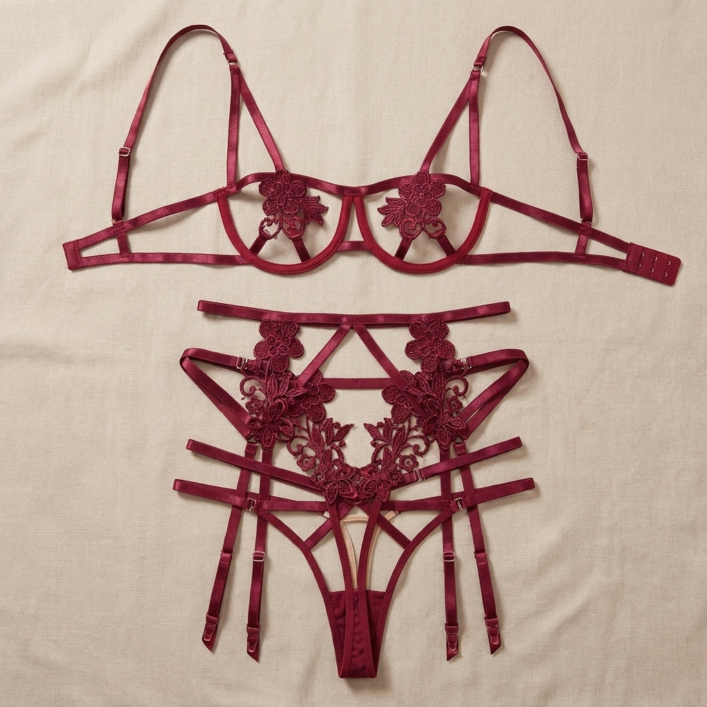 Everlasting Love Garter Bra Set - Wine Red flat-lay (AI-generated, no model)