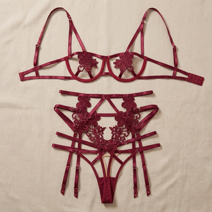 Everlasting Love Garter Bra Set - Wine Red flat-lay (AI-generated, no model)