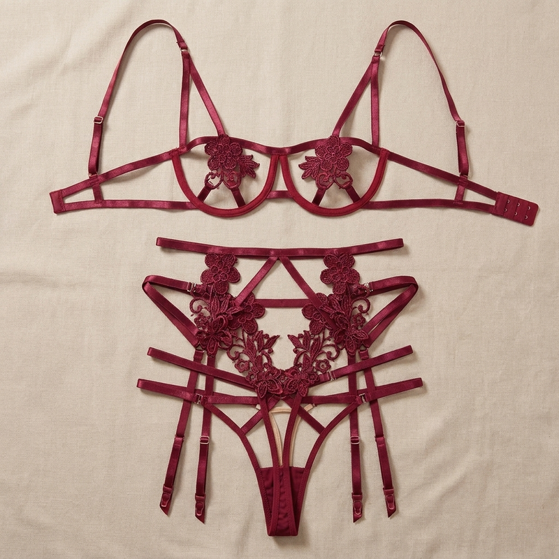 Everlasting Love Garter Bra Set - Wine Red flat-lay (AI-generated, no model)