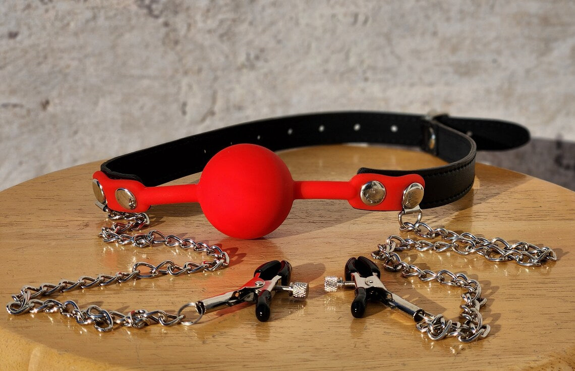 Silicone Ball Gag with Nipple Clamps