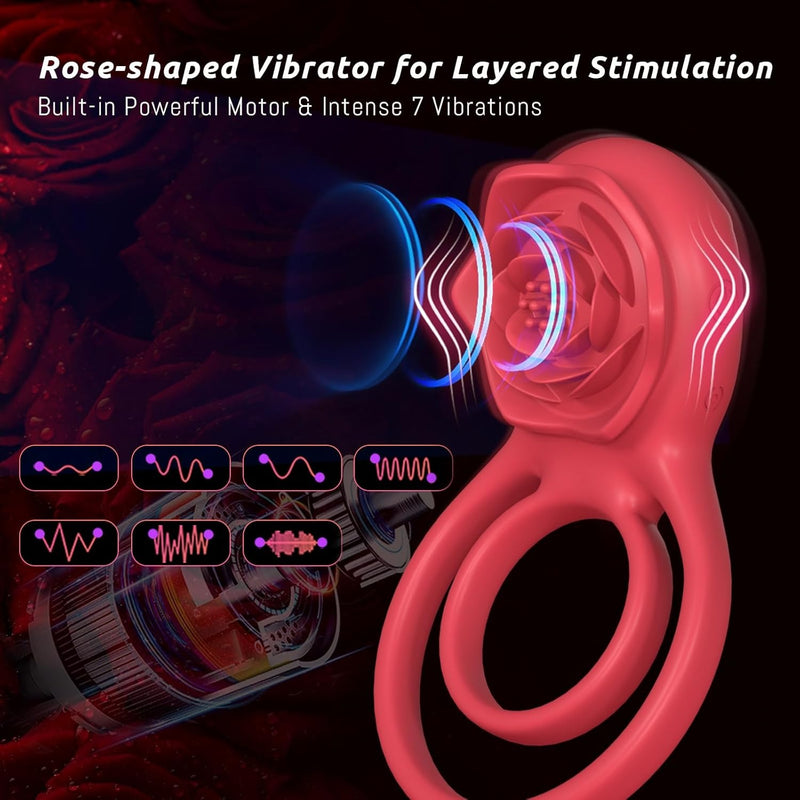 Sirrshop Vibrating Cock Ring with Rose Clitoral Stimulator, Remote Controlled Pleasure Penis Ring Vibrator Couples Adult Sex Toys for Men, 7 Vibrations Male Couple Sex Toy